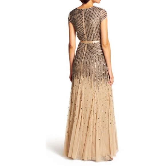 Adrianna Papell Cap sleeve v-neck beaded nude gown - Picture 3 of 8
